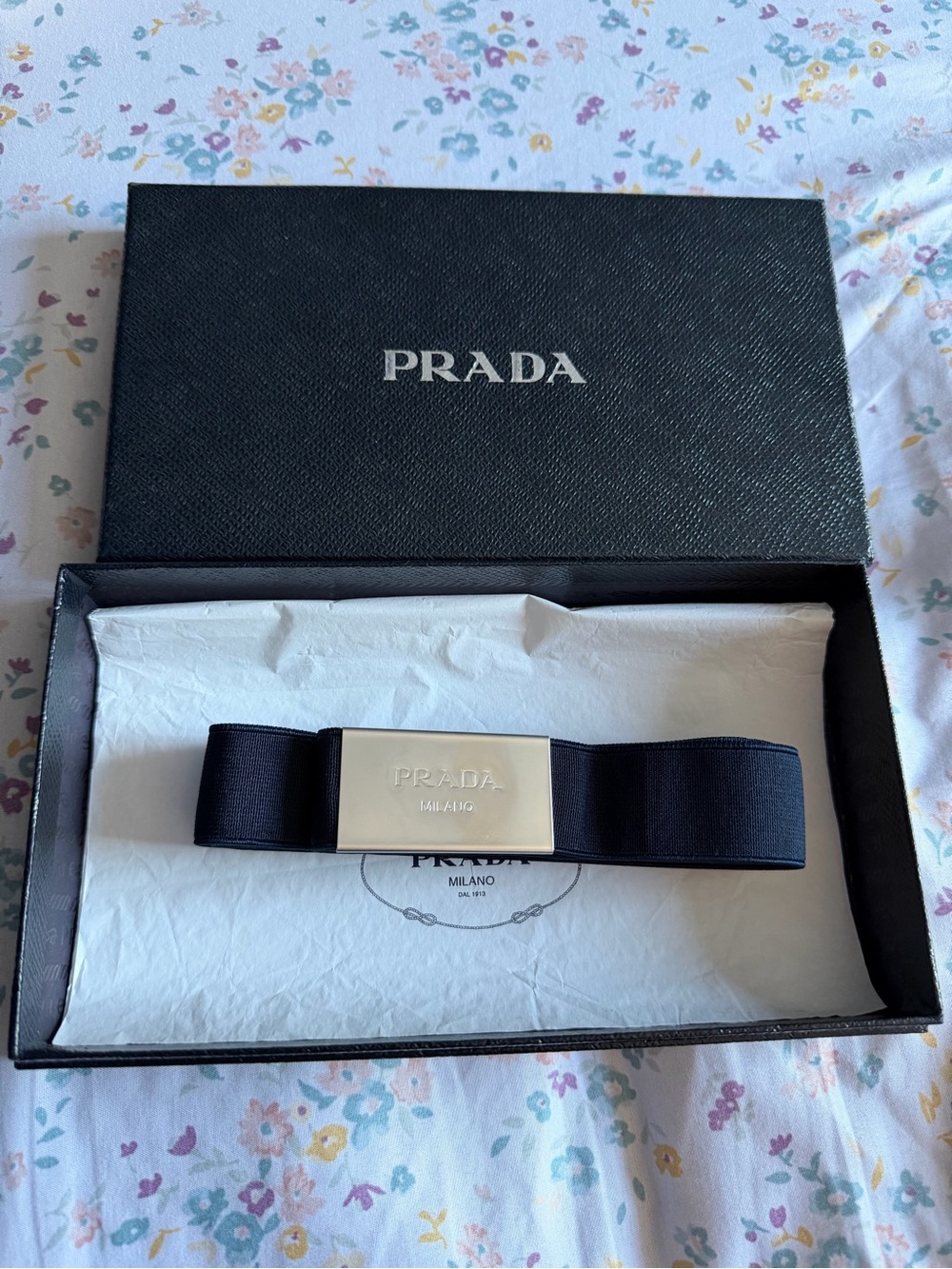Prada Black Grosgrain Bow Barrette with Silver Plaque